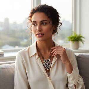 Vintage Graziano Acrylic Rhinestone Faux Pearls Statement Pendant Necklace